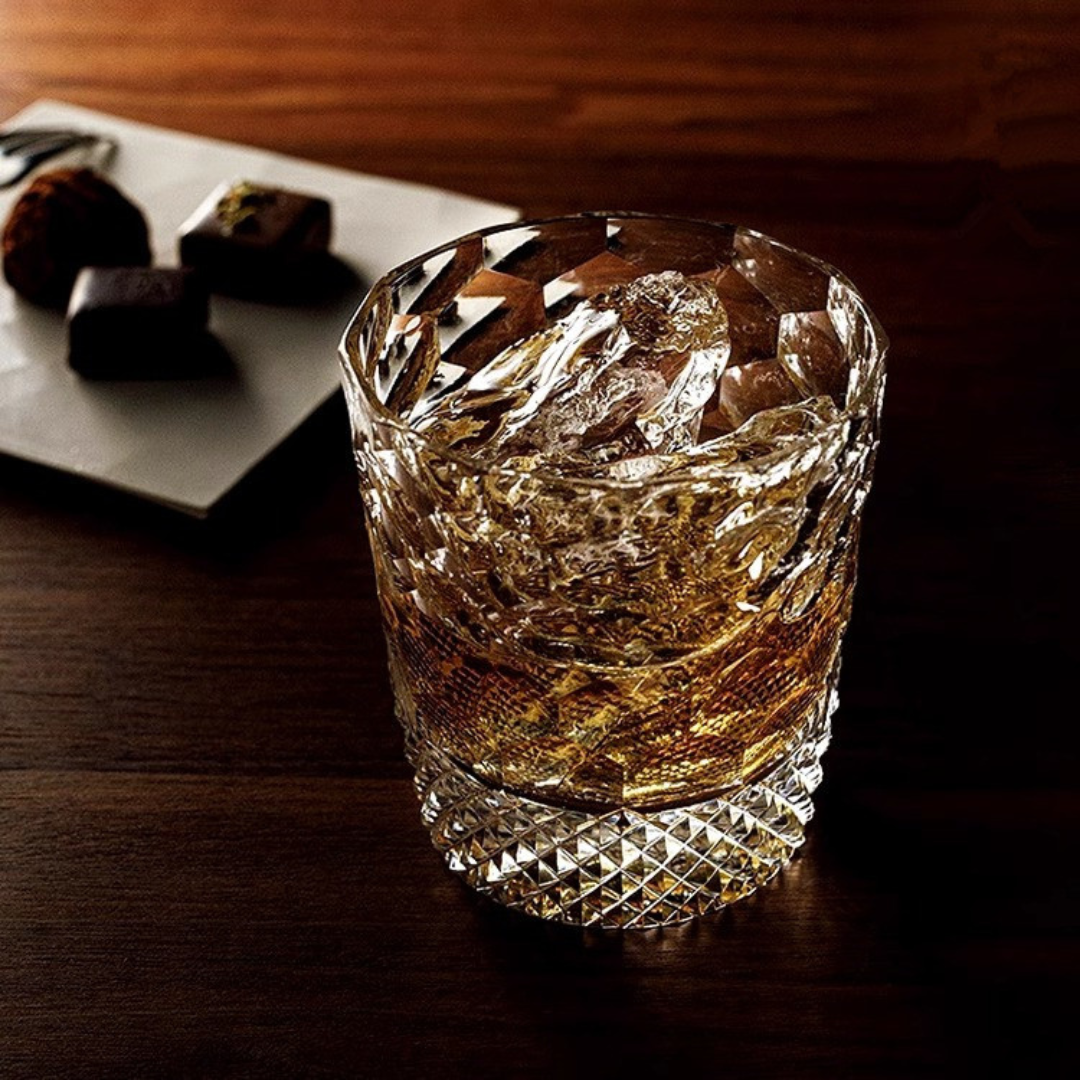 Handcrafted Honeycomb Edo Whisky Glass – a luxurious, Japanese-inspired whisky glass with intricate detailing – styled with pairing chocolates.