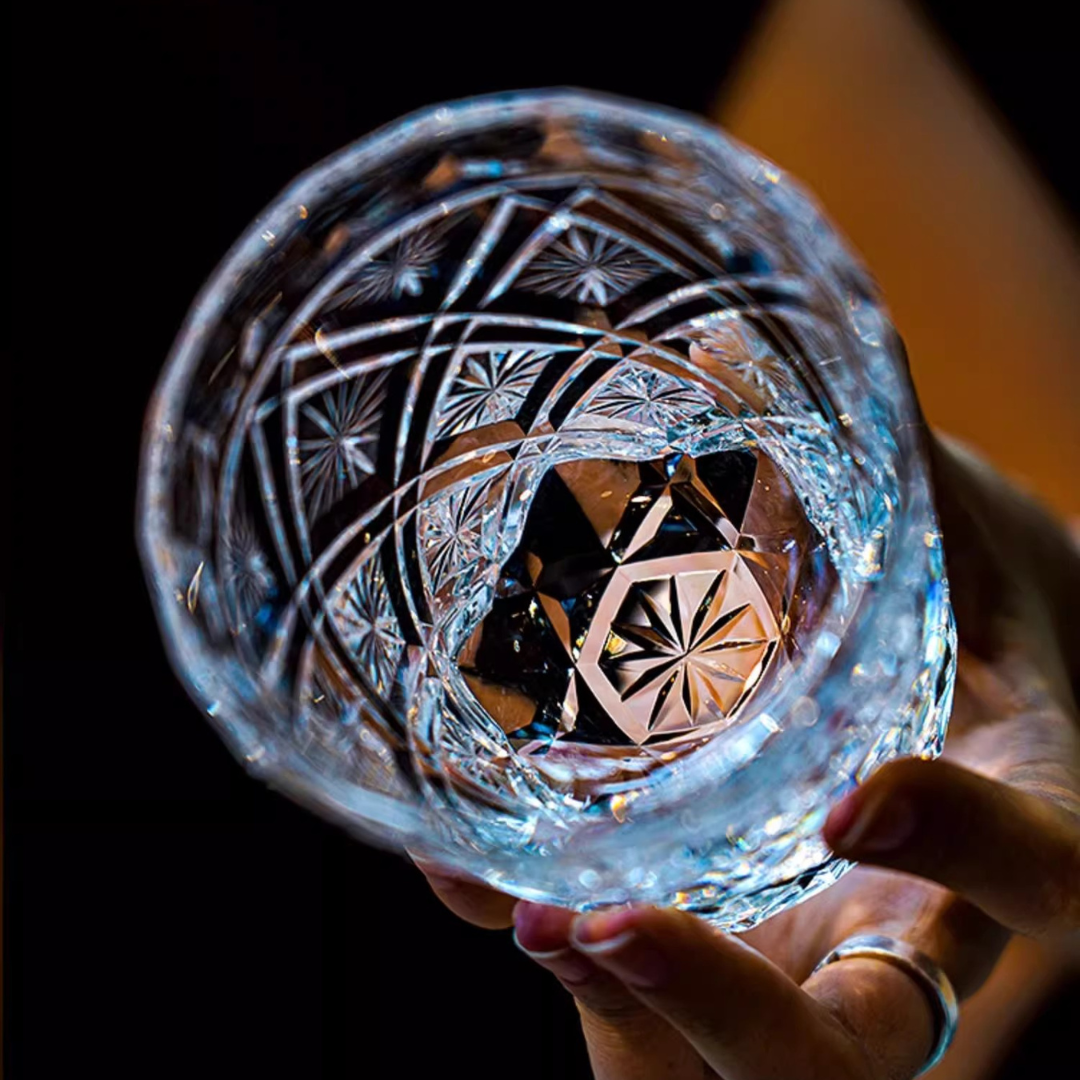 Top view of our handcrafted crystal whisky glass with intricate floral Kiriko cut design, exuding elegance and luxury for the perfect whisky-drinking experience.