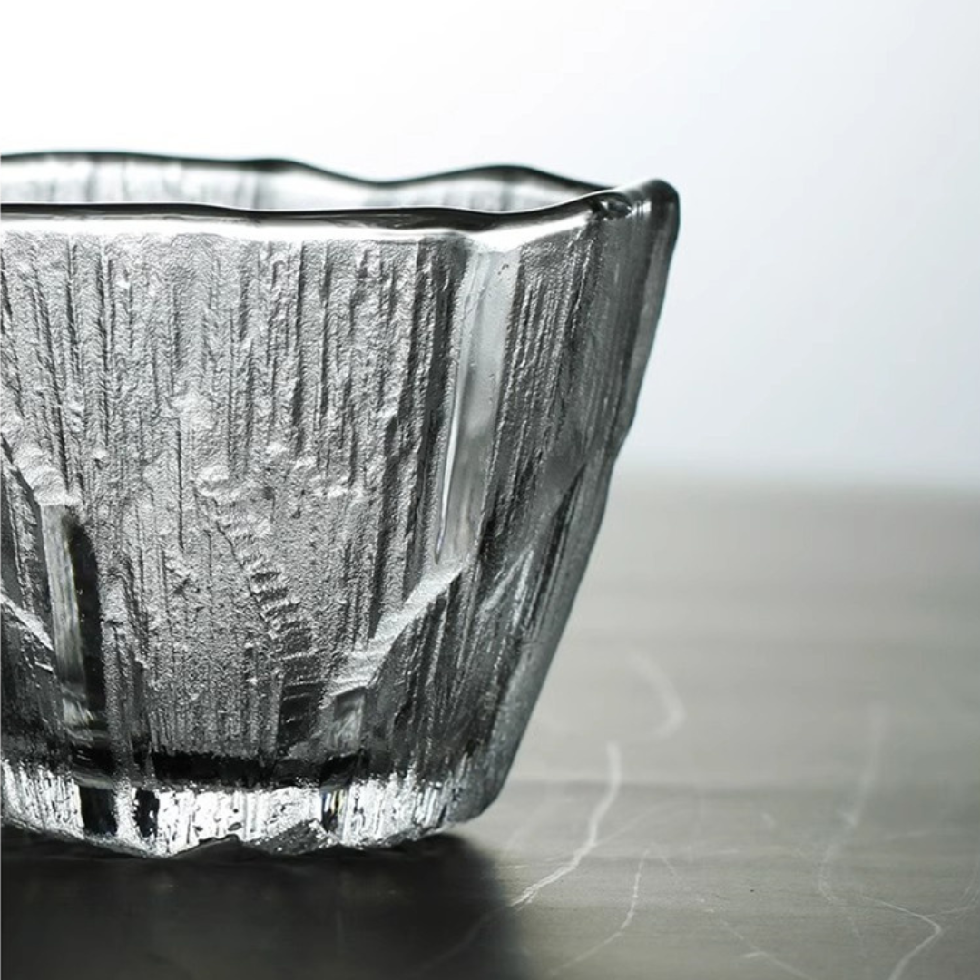 Close up of our handcrafted ice-inspired whisky glass with a unique textured surface. 