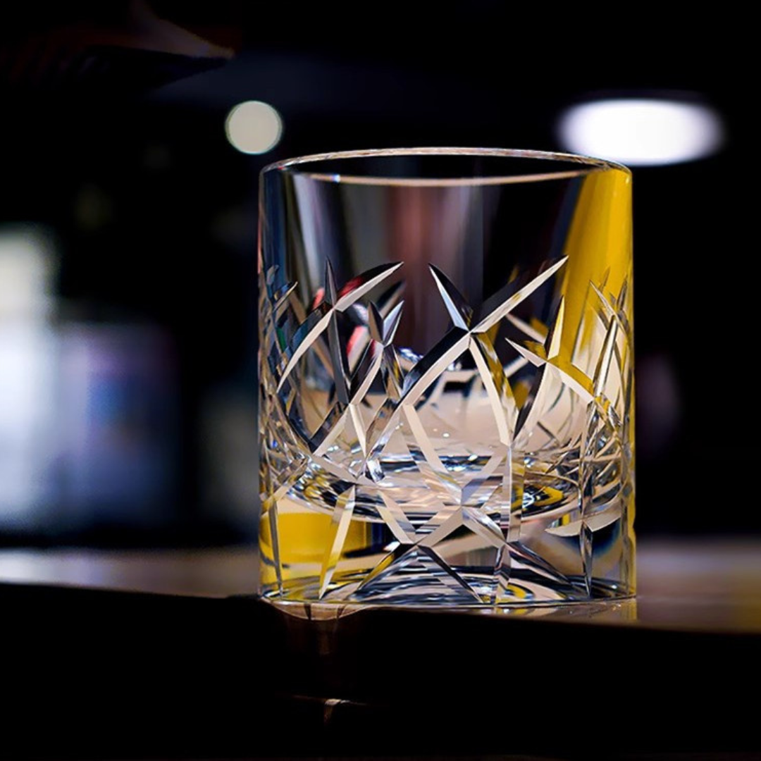 Clarity of our handcrafted crystal whisky glass with intricate Kiriko cut design inspired by ocean waves, featuring a heavy bottom for a luxurious feel.