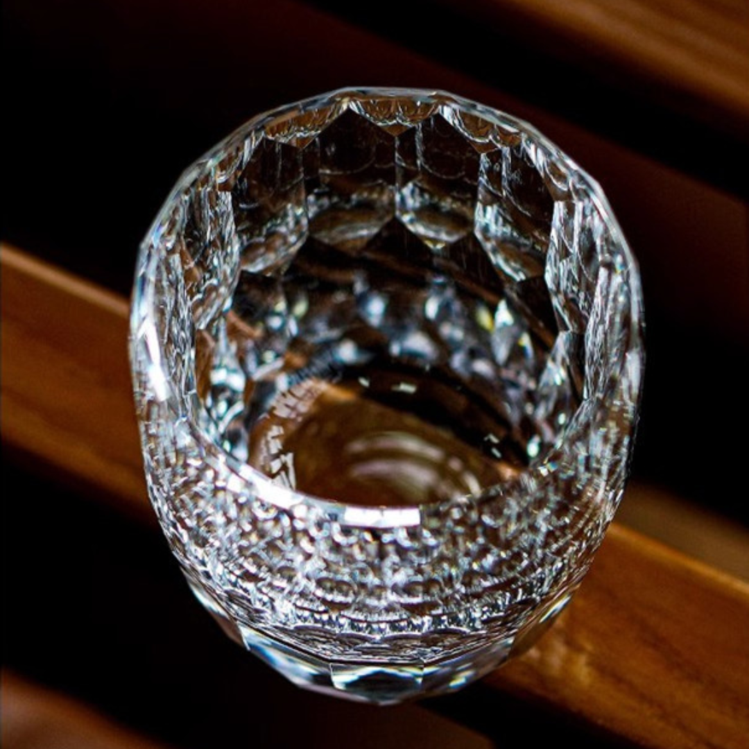 Close up detailing of our Starlight Kiriko Diamond Whisky Glass - handcrafted crystal whisky glass featuring a stunning starlight-inspired design with intricate diamond-cut detailing.