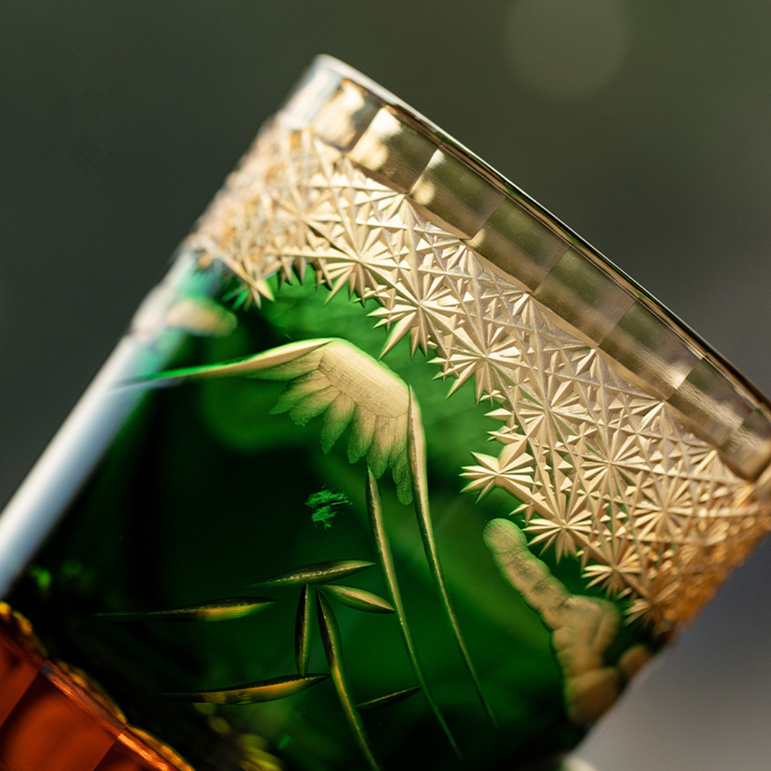 Jade Mount Fuji Glass close-up showing hand-carved Mount Fuji design and fine geometric crystal cuts.