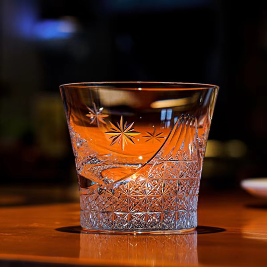 Mount Fuji Flower Crystal Whisky Glass front view with hand-carved Mount Fuji and floral crystal pattern.