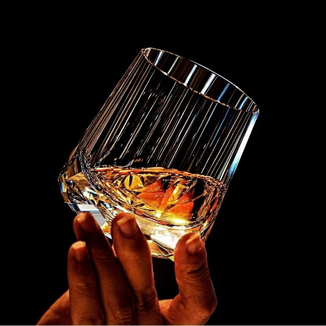 Diamond Cut Crystal Whisky Glass with whisky, showing clear crystal and diamond-cut base.