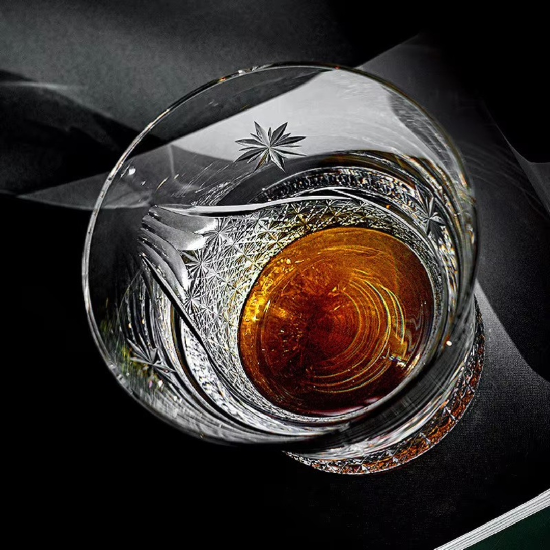 Mount Fuji Flower Crystal Whisky Glass viewed from above with whisky pour, floral engraving and Mount Fuji design.