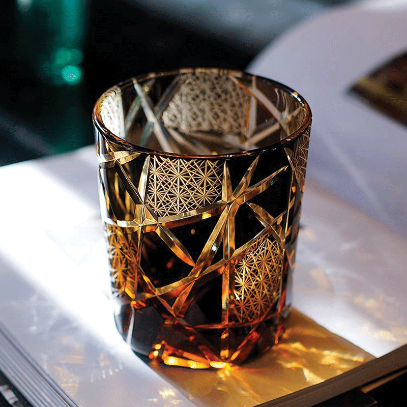 Black Edo Whisky Glass with Amber Gold Pattern on Tinted Glass