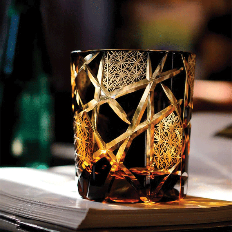 Black Edo Whisky Glass with Amber Gold Pattern on Tinted Glass