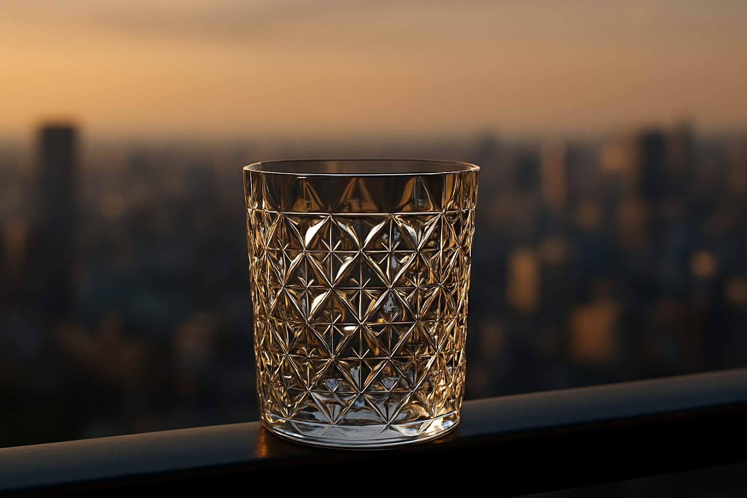 Luxury Japanese-inspired crystal whisky glass by SohoKo on a balcony railing, glowing against a blurred city skyline at sunset.