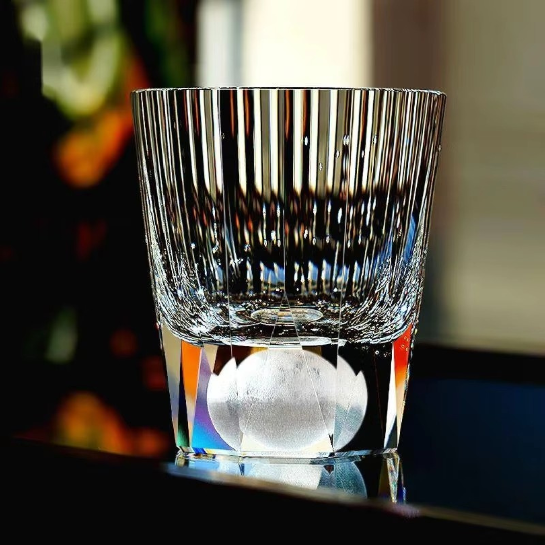 Moon Diamond Cut Crystal Whisky Glass front view with vertical cut detailing and moon-like base.